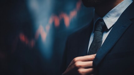 Corporate Businessman Adjusting His Suit and Tie with Red Stock Market Candlestick Chart and Trading Graph Overlayed in a Dark, High-Pressure Financial Environment Investment and Trading Strategy
