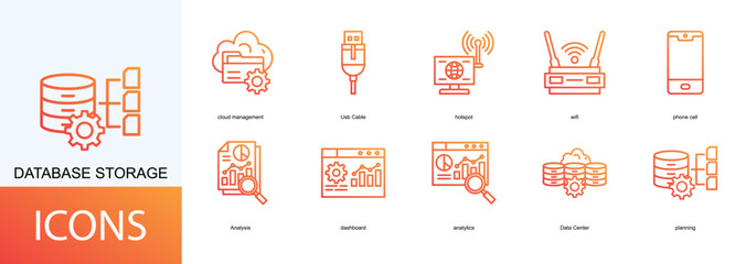 database storage icon collection set. Containing cloud management, Usb Cable, hotspot, wifi, phone cell, Analysis icon