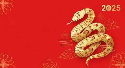 A golden snake, adorned with shimmering details, is featured against a vibrant red background for the year 2025.