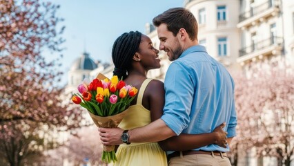 Woman with bouquet of tulip looks at man face to face while hugging in spring romantic date. Interracial couple love concept for Valentines Day.