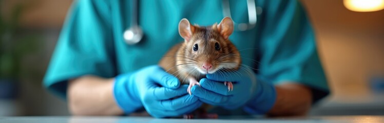 Veterinarian in blue gloves holds brown rat gently for examination in clinic. Doctor wears teal scrubs and stethoscope. Small rodent is calm, looking at camera. Pet care concept.