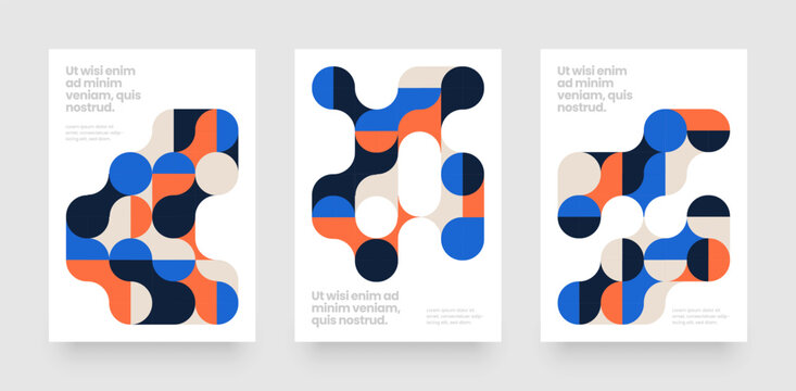 Template with fluid geometric shapes. Abstract bauhaus geometric pattern backgrounds with metaball fusion. Layout for flyer, poster or cover. 