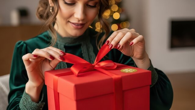 Woman opening red Christmas gift box with ribbon. Holiday present for Birthday, Christmas, New Year, Valentines Day. Person preparing package for celebration.