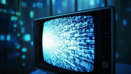 Retro tv displaying streaming abstract data against blur city lights - Powered by Adobe