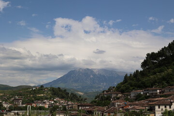 Mountainous landscape of the city of Berat, a city in Albania located on the Osum River