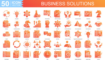 Business Solutions icon collection set. Containing Synergy, innovation, quantum, Catalyst, Data Analytics, planning strategy, solution icon