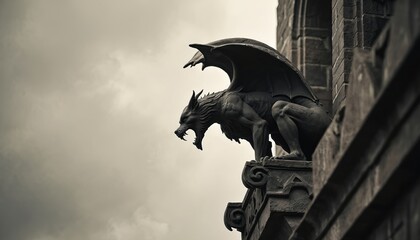 Stone gargoyle sculpture perches on a gothic church tower against a cloudy sky. This winged beast statue, carved in dark stone, looks menacing and watchful.