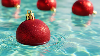 Red Christmas ornaments floating on clear blue water with ripples, festive holiday decoration in summer pool setting