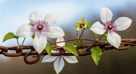 Delicate blooms of white clematis intertwining with a rustic, weathered iron chain gracefully