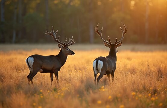 Two large male mule deer with impressive velvet antlers stand in a golden field during sunset. One buck faces left, the other faces right, showing their magnificent racks and white tail markings.