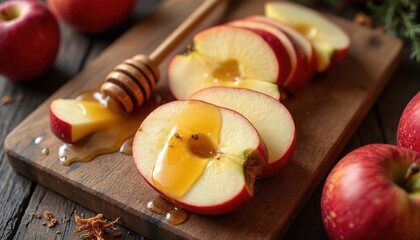 Sliced red apples with dripping golden honey on a rustic wooden board. A honey dipper rests nearby, with whole apples visible. Simple, natural food prep scene.