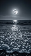 Obraz premium Moonlit ocean waves crashing on the shore in a monochrome, surreal landscape