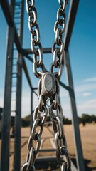 Metal chains hanging from a playground structure against a blurry blue sky