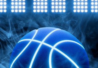 Blue basketball with bright blue glowing neon lines in under illuminated floodlights with smoke effect © Retouch man