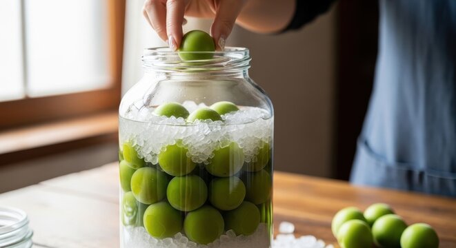 Crafting homemade ume plum syrup preserving summer flavors in a rustic kitchen setting