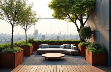 Fototapeta premium Modern urban rooftop terrace offers scenic cityscape views. Features minimalist furniture, corten steel planters, lush plants, trees, and comfortable lounge seating for relaxation and outdoor living.