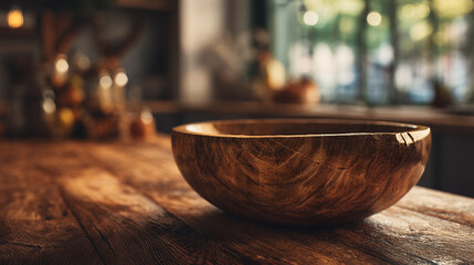 A rustic wooden bowl sits empty on a weathered wooden table in a sunlit kitchen, ready for food preparation or display.