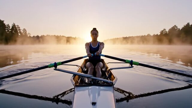 A rower in a boat, captured front-on, on a misty lake at sunrise. Forest is visible in the background