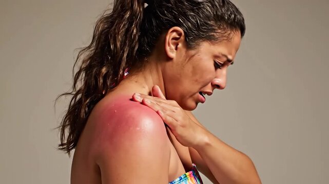 Sunburn's Agony: Woman Grappling With Pain on Shoulder, Red Skin, and Discomfort