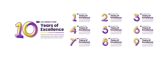 Colorful Years of Excellence Anniversary Logotype Set. 1, 2, 3, 4, 5, 6, 7, 8, 9, 10