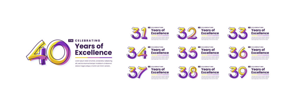 Colorful Years of Excellence Anniversary Logotype Set. 31, 32, 33, 34, 35, 36, 37, 38, 39, 40