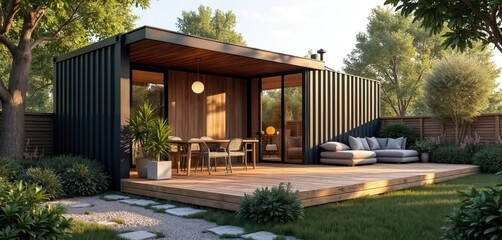 Modern container house features outdoor dining area with table chairs and patio furniture on wooden deck. Tiny home has large windows lush green yard and surrounding trees. Sustainable living space.