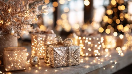 Elegant Christmas Gifts with Soft Lights and Festive Decorations