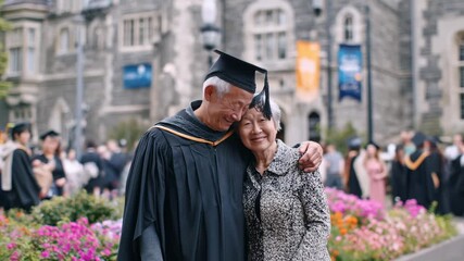 Proud senior Asian couple celebrates graduation day! Loving husband and wife embrace, joyful moment. University backdrop, academic achievement. Celebrating success, lifelong learning.