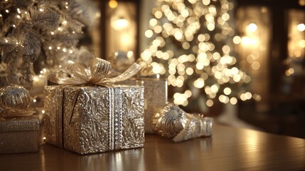 Elegant Golden Christmas Gifts with Bokeh Background Lights