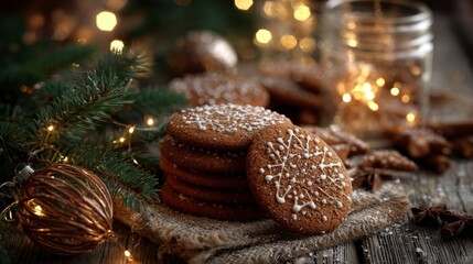 Gingerbread Cookies with Icing and Christmas Decorations on Table