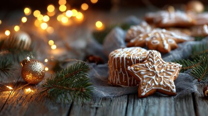 Beautifully Decorated Christmas Cookies on Rustic Wooden Table