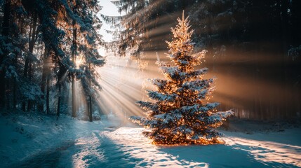 Stunning Winter Landscape with Snowy Christmas Tree and Sunlight