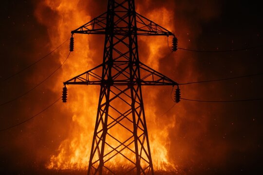 Power line tower with fire emergency in background highlighting safety concerns in industry requiring urgent maintenance and service response