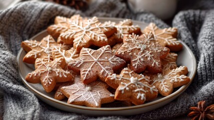 Festive Gingerbread Snowflake Cookies on Cozy Knit Blanket