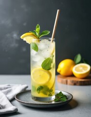 Fototapeta premium Glass of cold mojito cocktail with mint leaves, ice cubes and lemon slices. Fresh summer drink with natural ingredients ready for refreshment. Served with a wooden straw.
