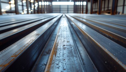 Parallel Rows of Steel Beams with Rust in an Industrial Warehouse