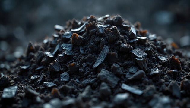 Pile of shredded tire fragments and soil, dark ground texture, industrial waste material. Recycling, eco, reuse, disposal concept. Copy space.