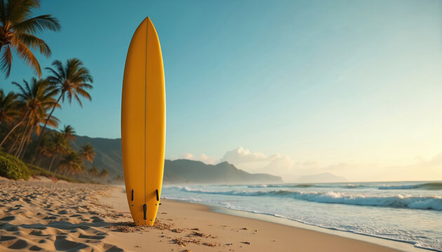 Yellow surfboard stands on sandy beach near palm trees. Gentle ocean waves lap shore. Tropical landscape, clear sky, early morning light. Peaceful waterscape. - Powered by Adobe