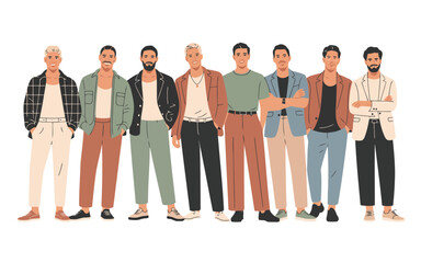 Obraz premium A stylish group of eight diverse men standing confidently in a row against a plain white background