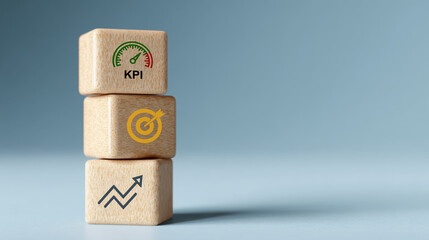 Wooden blocks with KPI target and growth icons representing business performance measurement and key performance indicators concept