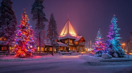 Festive Winter Scene with Colorful Lights and Snowy Landscape at Night