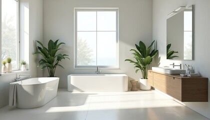 Fototapeta premium Sunlit minimalist bathroom features white bathtub, sink, green plants. Natural light streams through large windows creating bright, serene atmosphere. Wood vanity adds warmth to modern clean space.