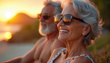 Elderly couple enjoys sunset on tropical beach. Mature man and woman relax together watching golden sun descend over ocean waves. Love and happiness.