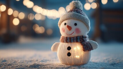Cheerful Snowman Decoration with Warm Glow at Winter Festival