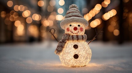 Whimsical Snowman Figurine Decorated with Lights in Winter Wonderland