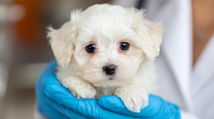 Veterinarian Holding Fluffy White Puppy During Health Check