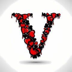 The letter V is formed from red and black hearts with dripping paint effect, set against a bright white backdrop.