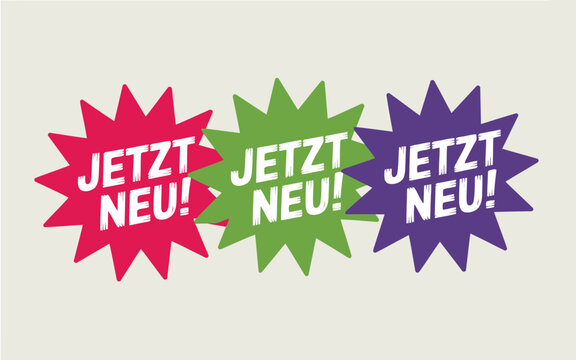 Bright red, green, and purple starbursts with Jetzt Neu! text on a muted light gray background