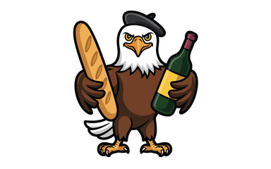 Cartoon bald eagle wearing a black beret holds a long baguette and a green bottle of wine