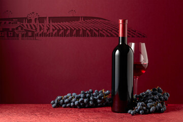 Fototapeta premium Bottle and glass of red wine with blue grapes on a red background.